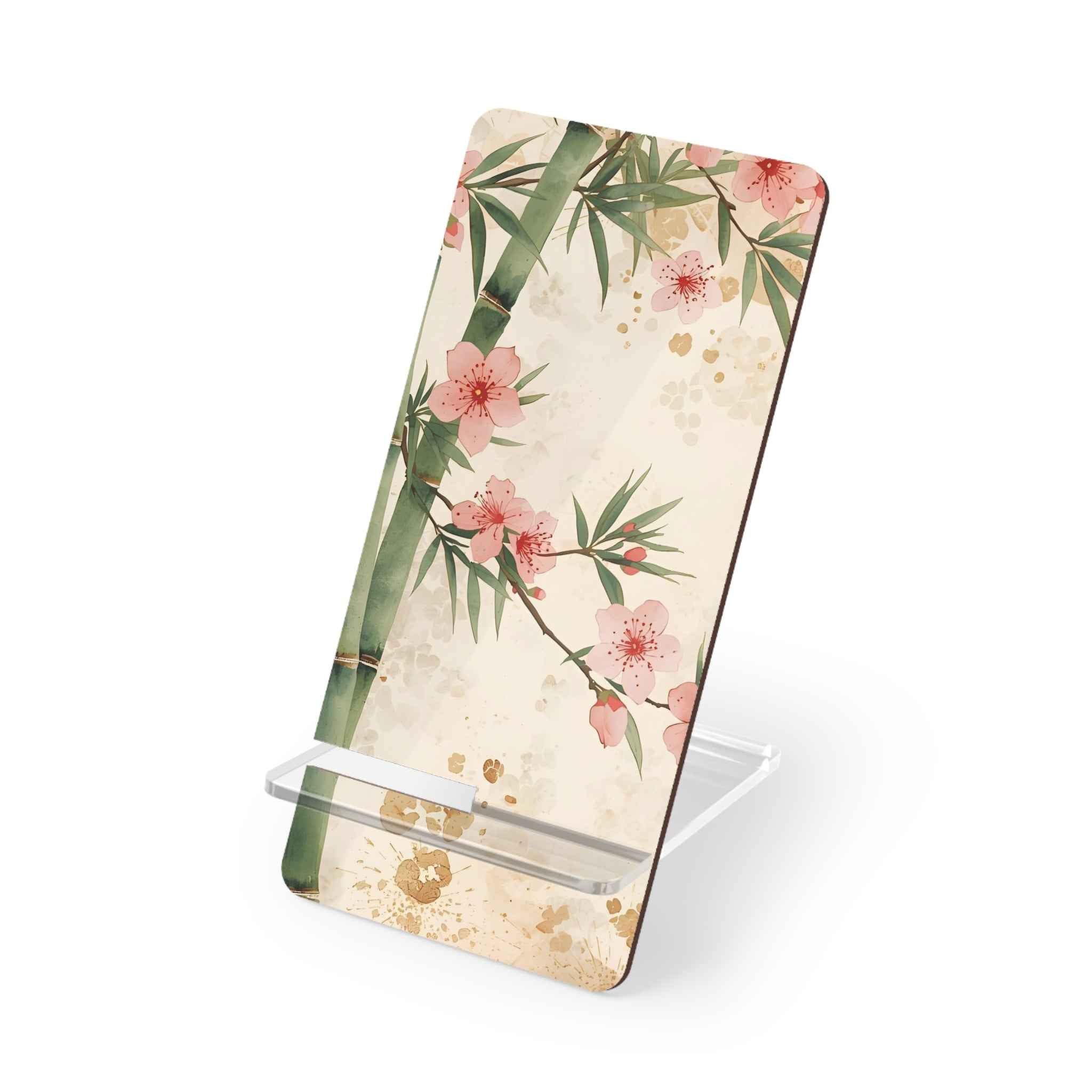 Elegant Bamboo Phone Stand with Cherry Blossom Design